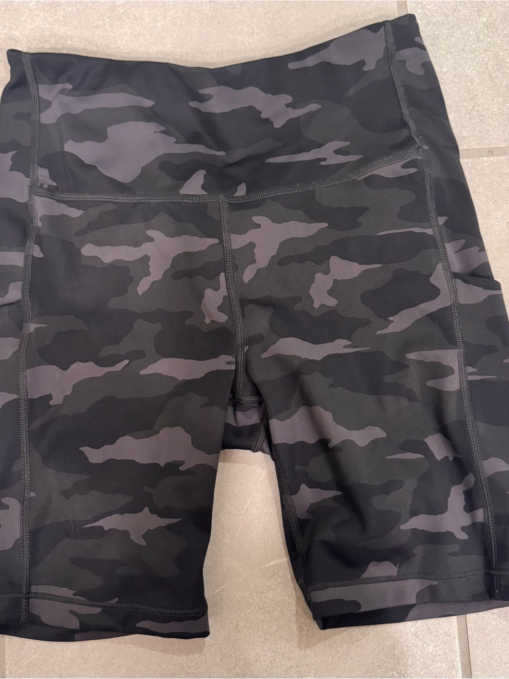 Athleta Black & Gray Camo High-Rise Bike Shorts